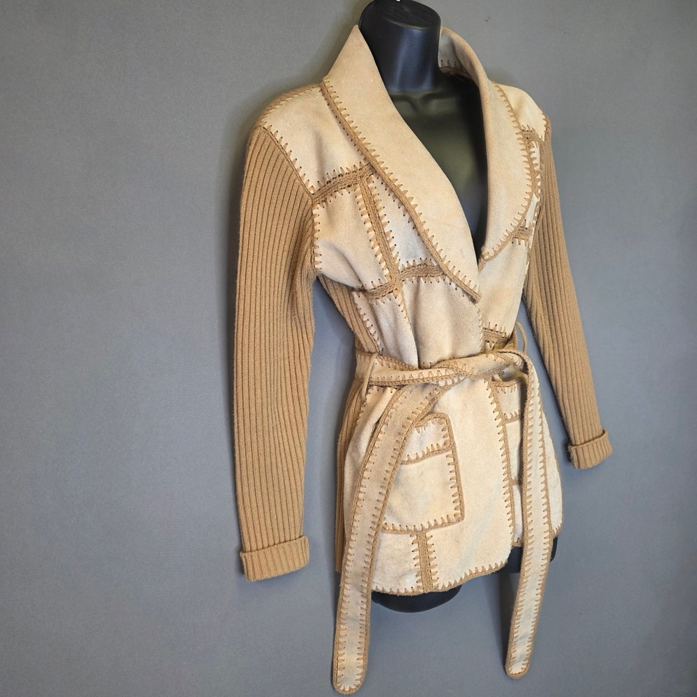 Exclusive Imports Cardigan Women M Tan Good Vintage Suede Patchwork Wrap Jacket